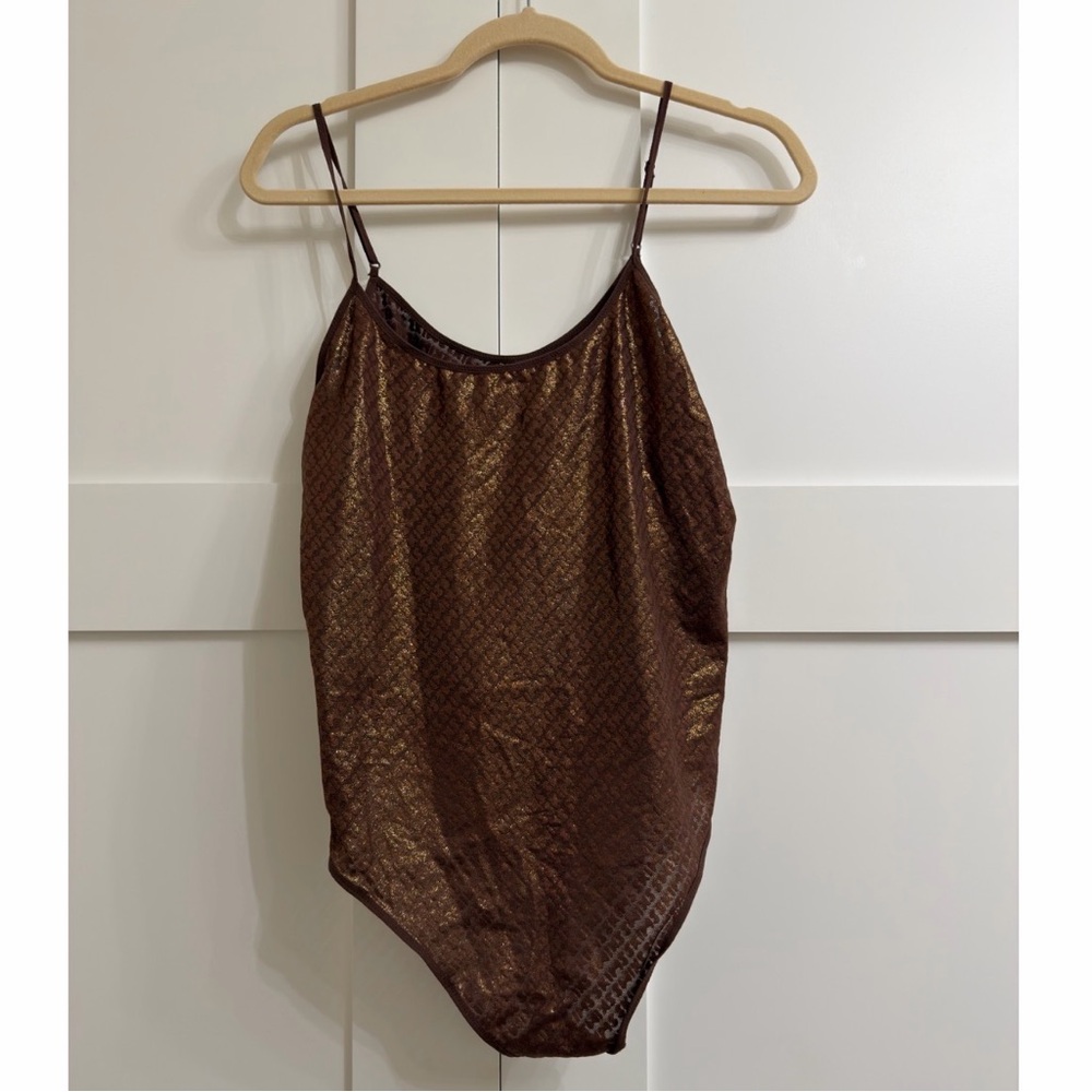 NWT Skims Logo Mesh Foil Cami Bodysuit in Coffee, size 3X